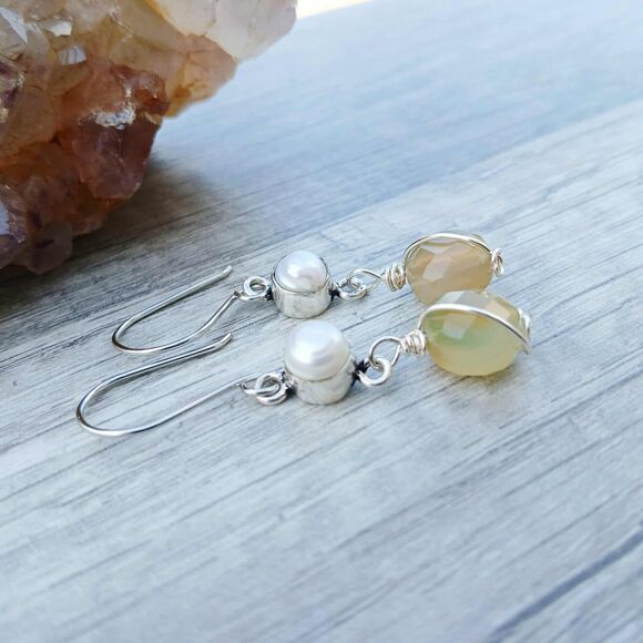 Freshwater Pearl & Faceted Agate Gemstone Dangle Earrings, Upcycled Artisan 2" - Picture 3 of 8